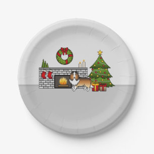 Sable Shetland Sheepdog Dog In A Christmas Room Paper Plate