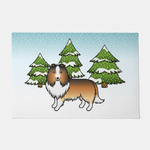 Sable Shetland Sheepdog In A Winter Forest Doormat