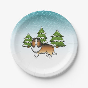 Sable Shetland Sheepdog In A Winter Forest Paper Plate