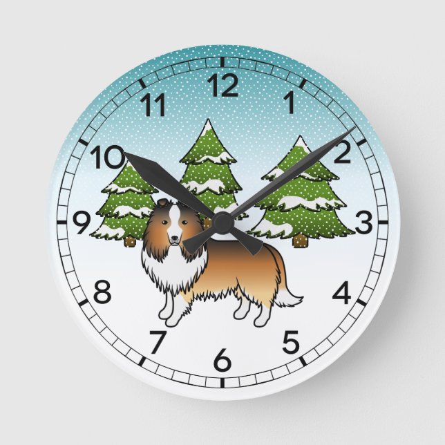 Sable Shetland Sheepdog In A Winter Forest Round Clock (Front)