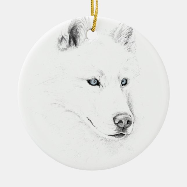 Sabre A Siberian Husky Drawing Art Blue Eyes Ceramic Ornament (Front)