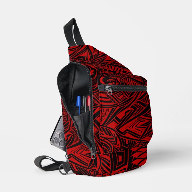 Sac À Bandoulière Abstrait Tribal Noir Et Rouge (Ouvrir)