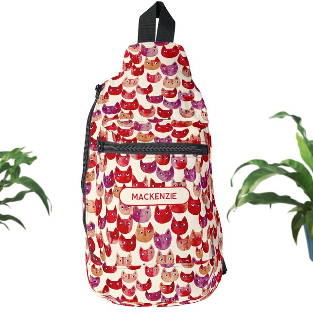 Sac À Bandoulière Amusant Personnalisé couleur aquarelle Motif de ch (Fun personalized custom name watercolor kitty cat pattern sling bag for school, college and more)