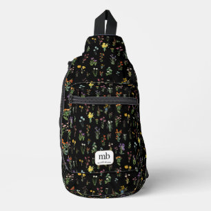 Sac À Bandoulière Aquarelle fleur sauvage Floral botanique noir