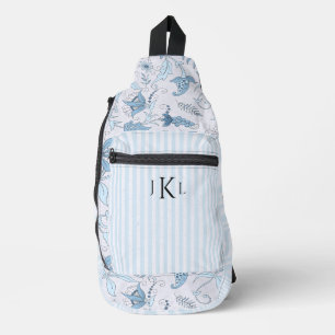 Sac À Bandoulière Beau motif floral bleu et monogramme rayé bleu
