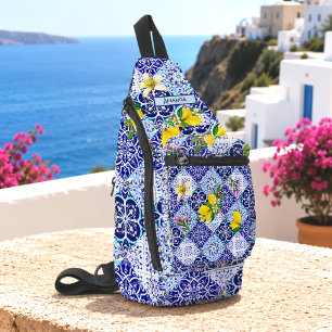 Sac À Bandoulière Bleu sicilien carreaux céramiques d'agrumes médite