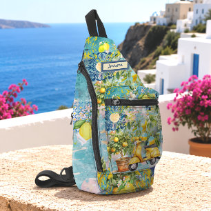 Sac À Bandoulière Carreaux floraux de collage de citrons siciliens b