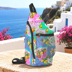 Sac À Bandoulière Carreaux floraux de collage de citrus siciliens ro