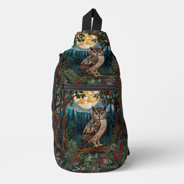 Sac À Bandoulière Chouette boho élégant tache de verre forêt boisée (Recto)