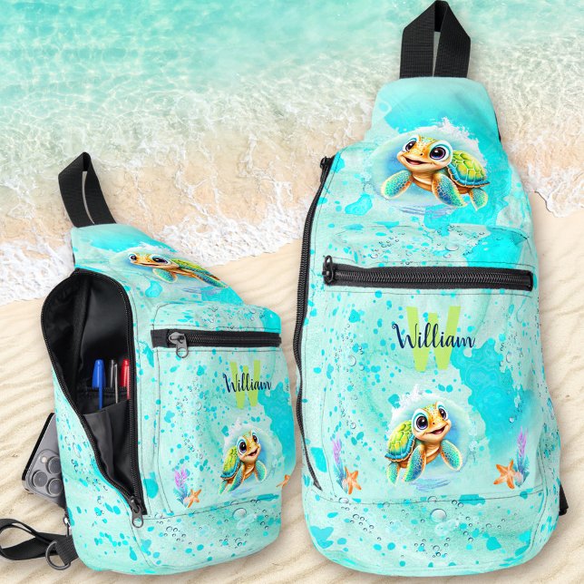 Sac À Bandoulière Cute Sea Turtle Boy Ocean Turquoise Nom du monogra (Cute Sea Turtle Boy Ocean Turquoise Monogram Name Sling Bag)