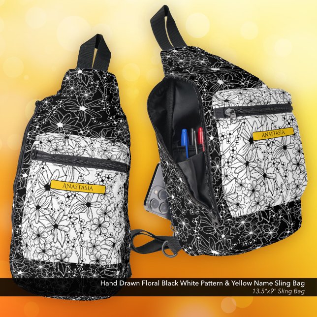 Sac À Bandoulière Daisy Fleur sauvage noir blanc Motif jaune Nom (Sling Bag: Hand Drawn Floral Pattern in Black White, Personalized with Name in Yellow)