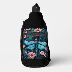Sac À Bandoulière Dragonfly dans un jardin fleuri la nuit