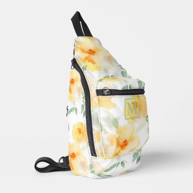 Sac À Bandoulière Elégant jaune pêche orange aquarelle fleurie (Coin gauche)