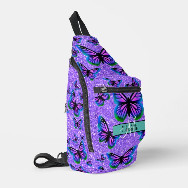 Sac À Bandoulière Élégant monogramme de papillons à parties scintill (Coin gauche)