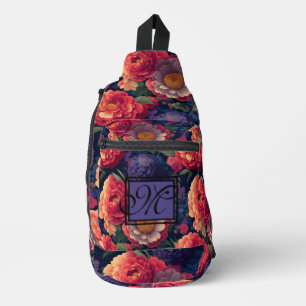Sac À Bandoulière Élégant monogramme romantique orange rouge floral
