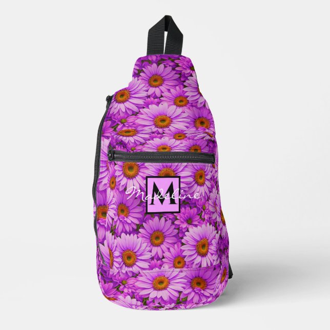 Sac À Bandoulière Élégante marguerite florale magenta rose foncé (Recto)