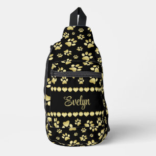 Sac À Bandoulière Empreintes de Patte Dorées sur Fond Noir avec Nom