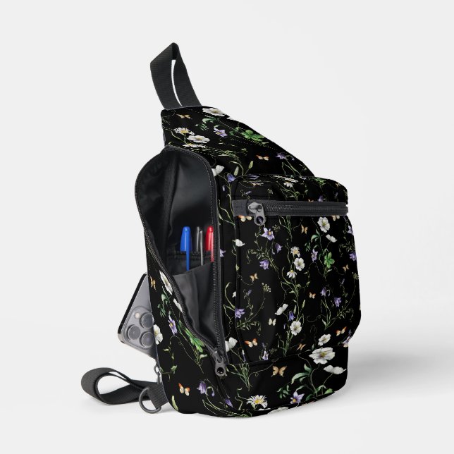 Sac À Bandoulière Fleurs sauvages et papillons sur le noir (Ouvrir)