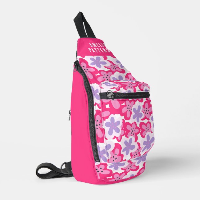 Sac À Bandoulière Floral rose tropical moderne Nom personnalisé (Coin gauche)