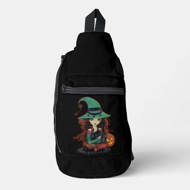 Sac À Bandoulière Halloween Big Eyed Witch avec chat noir (Recto)