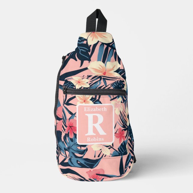 Sac À Bandoulière Hibiscus rose tropical personnalisé Monogramme (Recto)