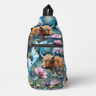 Sac À Bandoulière Highland Cow Floral Coloré Cosmos Tapestry