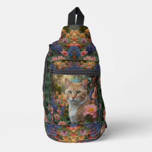 Sac À Bandoulière Joli chat orange et blanc dans un jardin fleuri