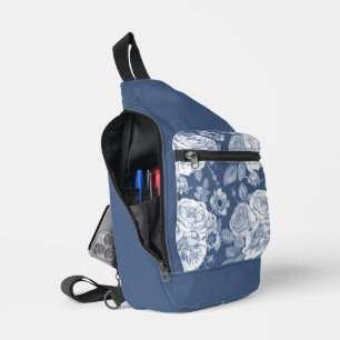 SAC À BANDOULIÈRE JOLIE FLEURS BLEUES ET BLANCHES À LA MAIN