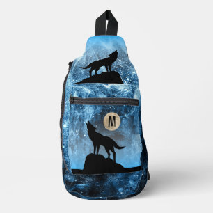 Sac À Bandoulière Loup hurlante pleine lune bleu noir Monogramme per