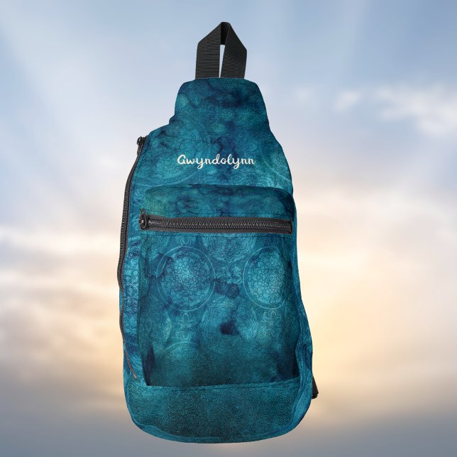Sac À Bandoulière Mandala Bohème Fil Marbré Bleu Vert Monogramme (Créateur téléchargé)