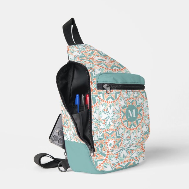 Sac À Bandoulière Mandala Peach Turquoise Flower Motif Monogramme (Ouvrir)