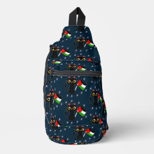 Sac À Bandoulière mignon chat noir tient drapeau de la Palestine