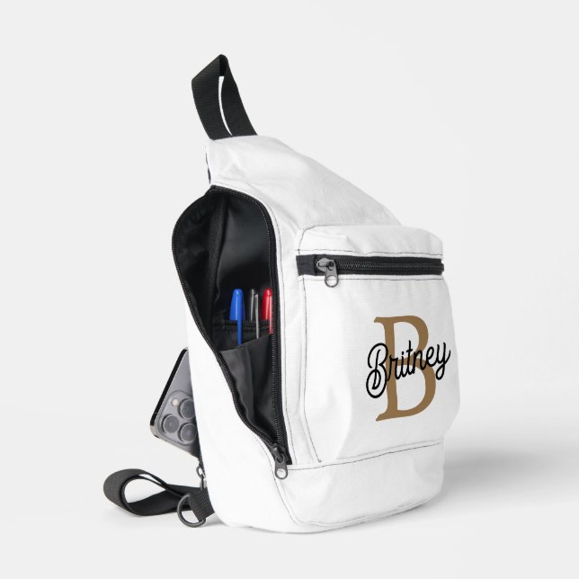 Sac À Bandoulière Monogramme moderne élégant Nom Black Gold Script (Ouvrir)