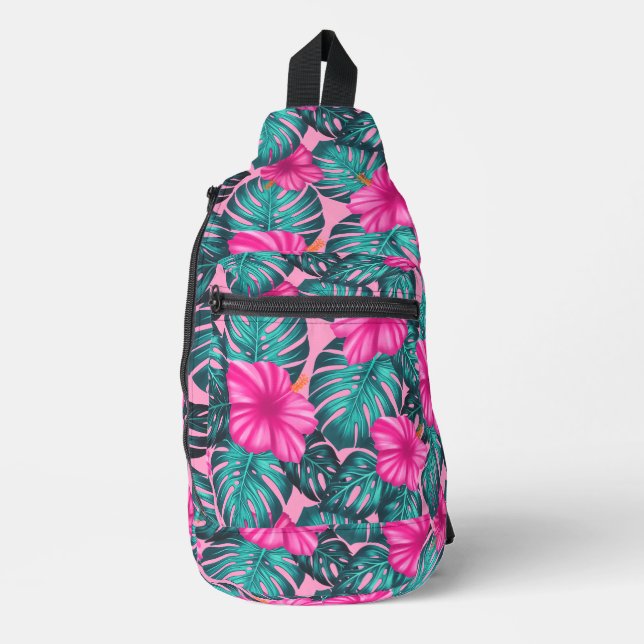 Sac À Bandoulière Monstera feuilles et Hibiscus Turquoise et rose su (Recto)
