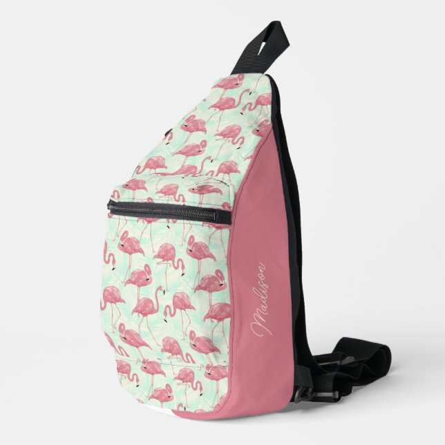 Sac À Bandoulière Motif de Flamants roses roses de nom personnalisé (Coin droit)