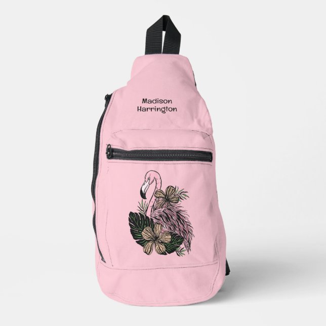 Sac À Bandoulière Nom personnalisé et couleur Flamant rose rose (Recto)