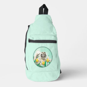 Sac À Bandoulière Peinture Keeshond dans les tulipes mignonne art or