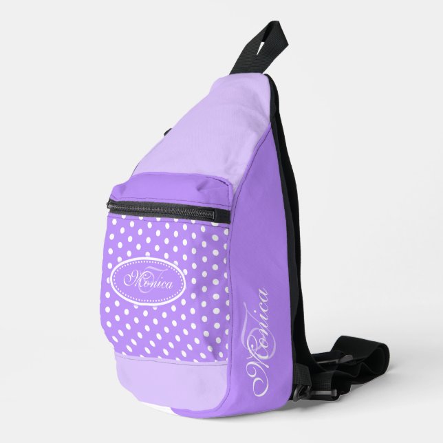 Sac À Bandoulière Polka point violet et blanc personnalisé (Coin droit)