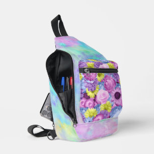 SAC À BANDOULIÈRE ROSE BLEU VERT PURPLE FLEURS ET OMBRE
