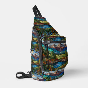Sac À Bandoulière Scène de montagne boisée vitrail vintage