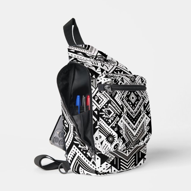 Sac À Bandoulière Tribal monochrome - Symétrie en gras en noir (Ouvrir)