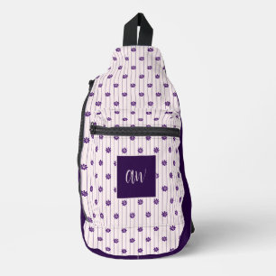Sac À Bandoulière Violet monogramme élégant, bandes et fleurs blanch