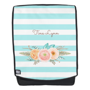 Sac À Dos Chic Aqua Stripes Feminine Floral et nom