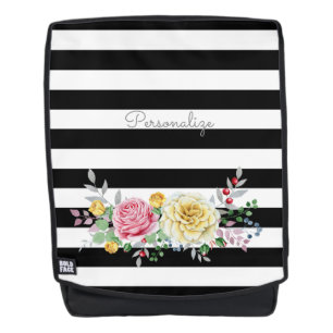 Sac À Dos Chic Rose Floral tendance rayures noires et nom