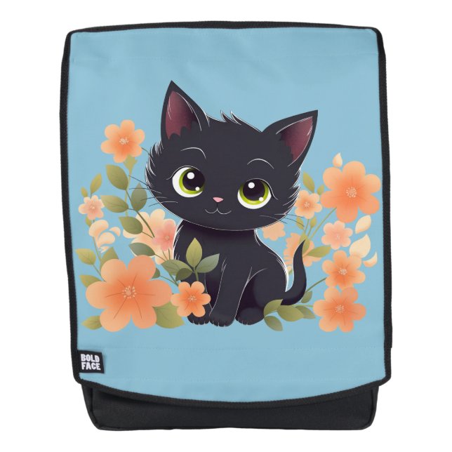 Sac À Dos Cute Kitten noir avec fleurs (Devant)