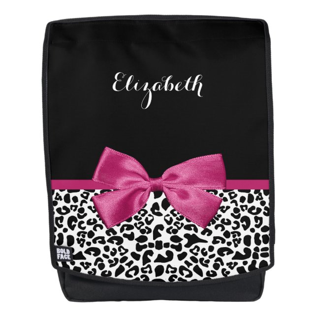 Sac À Dos Empreinte de léopard en ruban rose foncé avec nom (Devant)