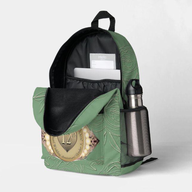 Sac À Dos Imprimé 12e/30e anniversaire de Mariage Pearl & Green (Coin arrière droit (ouvert))