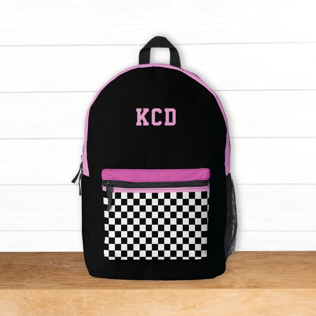 Sac À Dos Imprimé à damiers Noir Blanc Rose Monogramme Initiales Enf (Créateur téléchargé)
