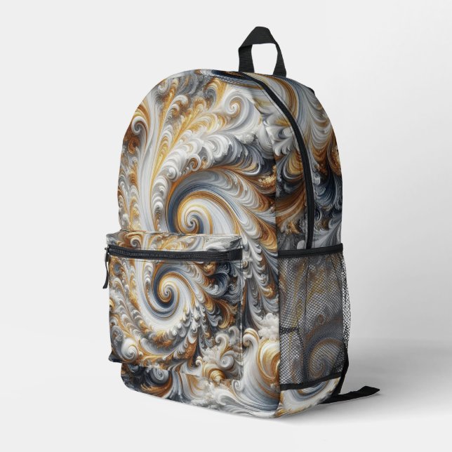 Sac À Dos Imprimé Abstrait Moderne Swirling or, noir et blanc (Coin arrière droit)