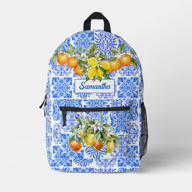 Sac À Dos Imprimé Acitrus bleu sicilien jaune azulejo méditerranéen (Recto)